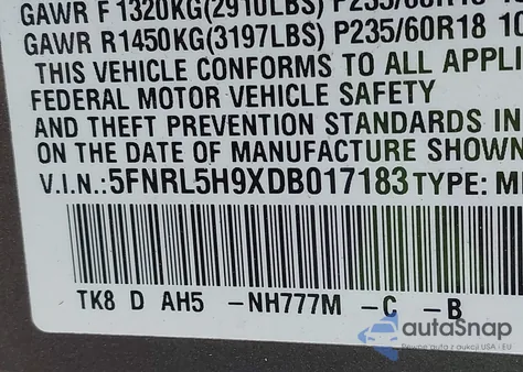 2013 Honda Odyssey Touring/Touring Elite из США, поврежденный, VIN 5FNRL5H9XDB017183